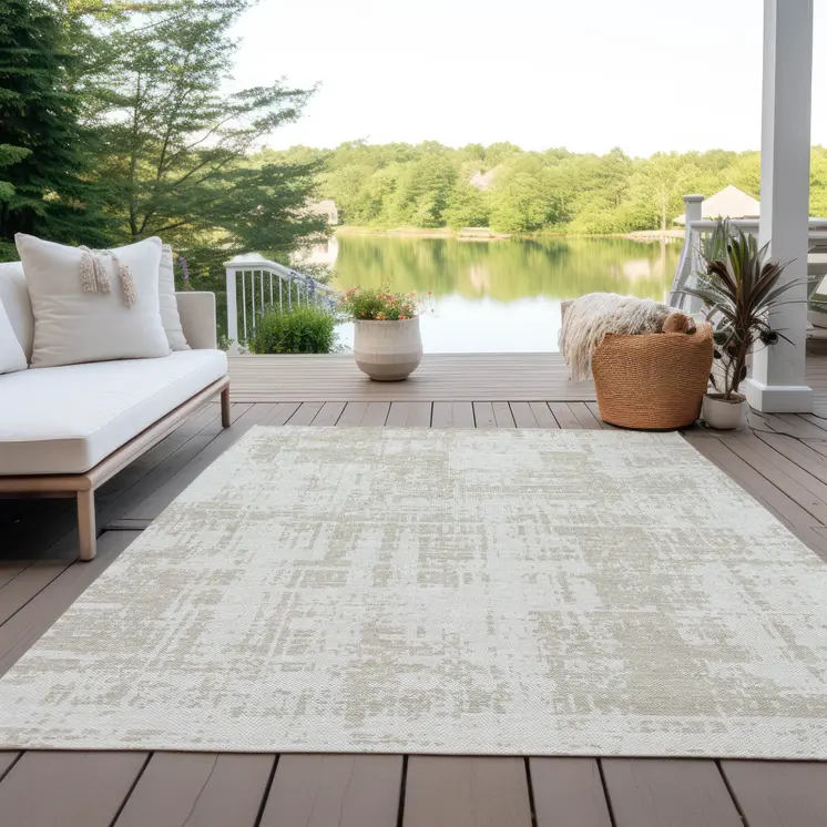 10' X 14' Ivory And Beige Abstract Washable Indoor Outdoor Area Rug