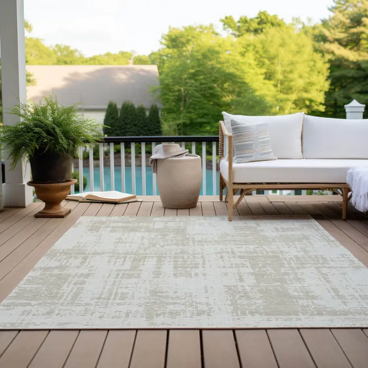 10' X 14' Ivory And Beige Abstract Washable Indoor Outdoor Area Rug