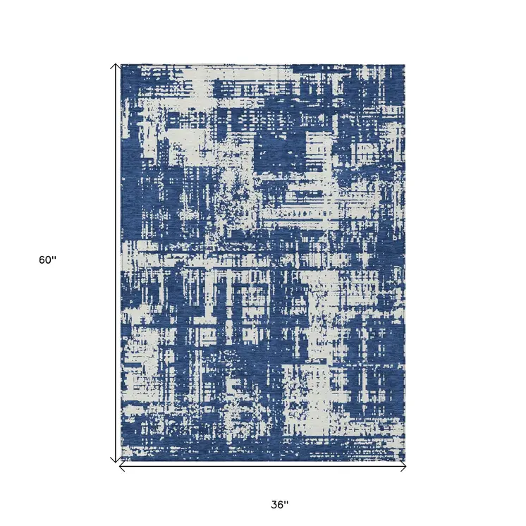 3' X 5' Navy Blue And Ivory Abstract Washable Indoor Outdoor Area Rug