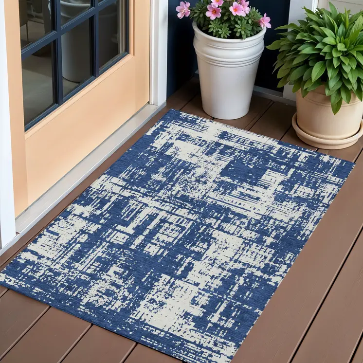 3' X 5' Navy Blue And Ivory Abstract Washable Indoor Outdoor Area Rug