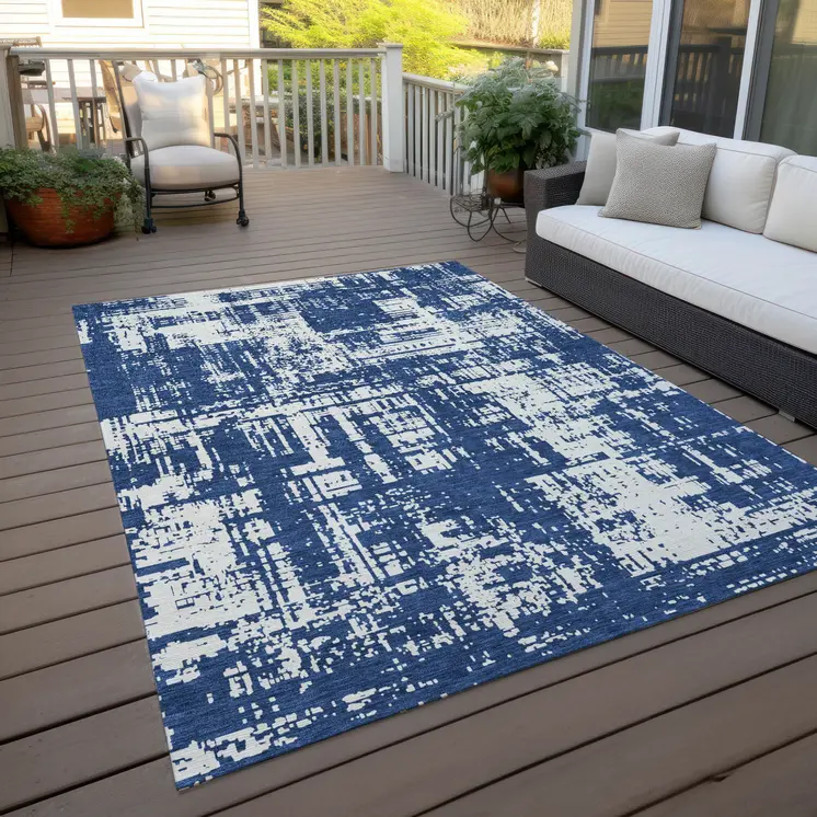 3' X 5' Navy Blue And Ivory Abstract Washable Indoor Outdoor Area Rug