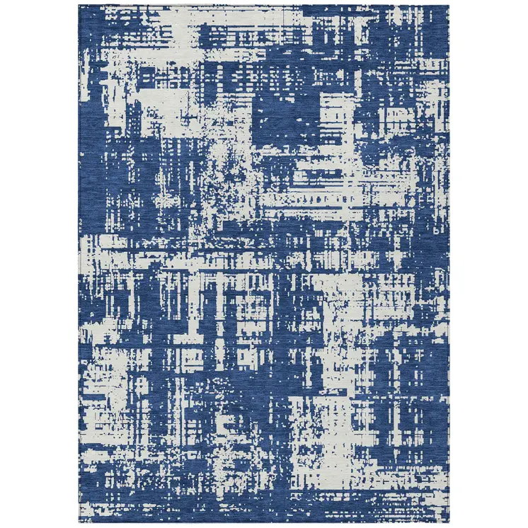 3' X 5' Navy Blue And Ivory Abstract Washable Indoor Outdoor Area Rug