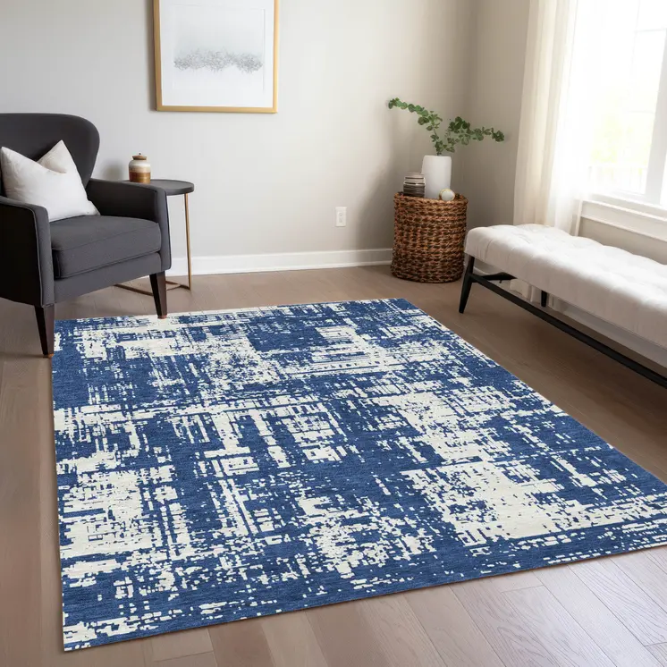 3' X 5' Navy Blue And Ivory Abstract Washable Indoor Outdoor Area Rug