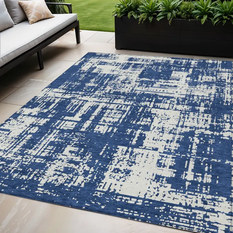 5' X 8' Navy Blue And Ivory Abstract Washable Indoor Outdoor Area Rug