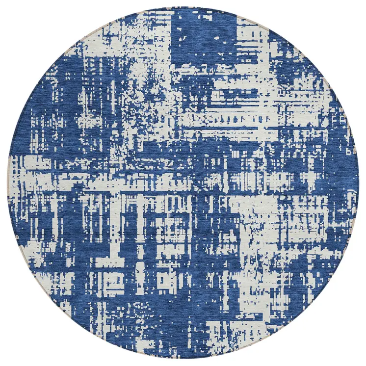 8' Navy Blue And Ivory Round Abstract Washable Indoor Outdoor Area Rug