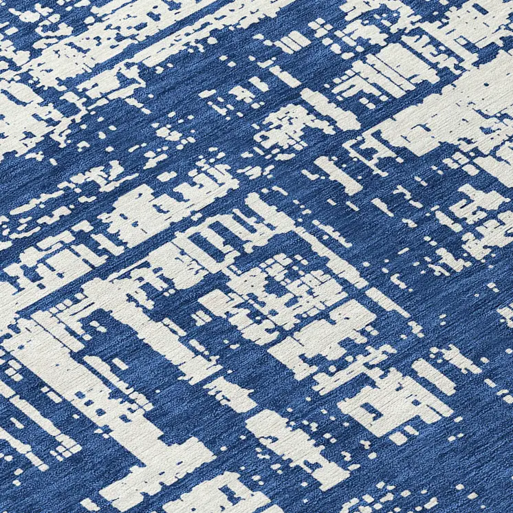8' Navy Blue And Ivory Round Abstract Washable Indoor Outdoor Area Rug
