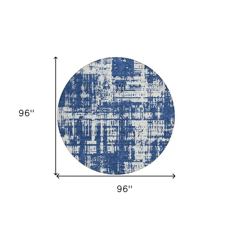 8' Navy Blue And Ivory Round Abstract Washable Indoor Outdoor Area Rug