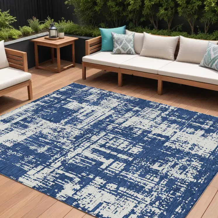 9' X 12' Navy Blue And Ivory Abstract Washable Indoor Outdoor Area Rug