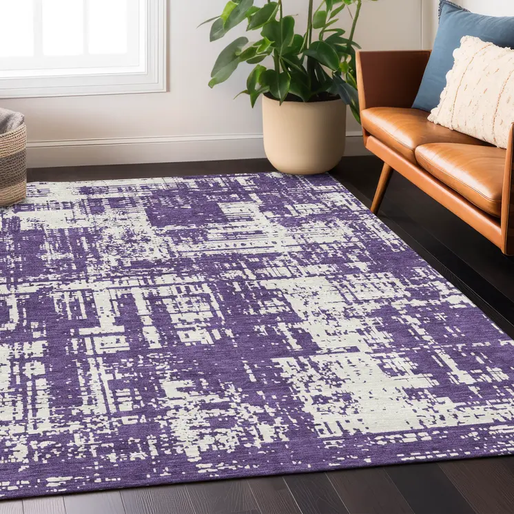 3' X 5' Purple And Ivory Abstract Washable Indoor Outdoor Area Rug