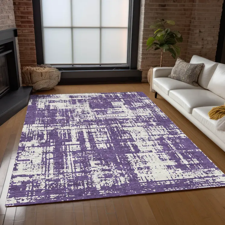 3' X 5' Purple And Ivory Abstract Washable Indoor Outdoor Area Rug