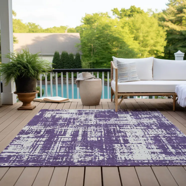 3' X 5' Purple And Ivory Abstract Washable Indoor Outdoor Area Rug
