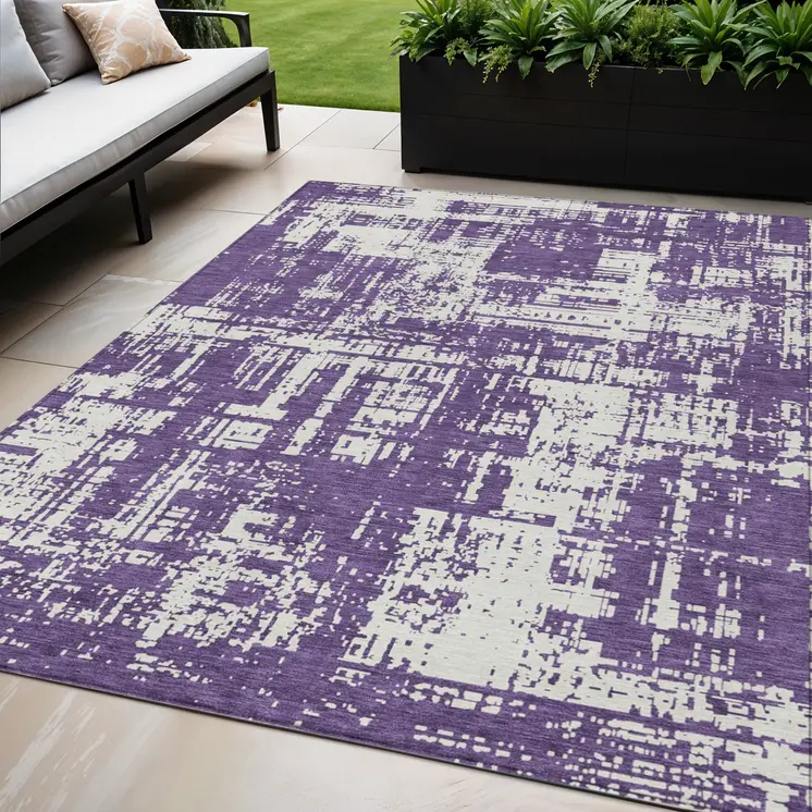 5' X 8' Purple And Ivory Abstract Washable Indoor Outdoor Area Rug