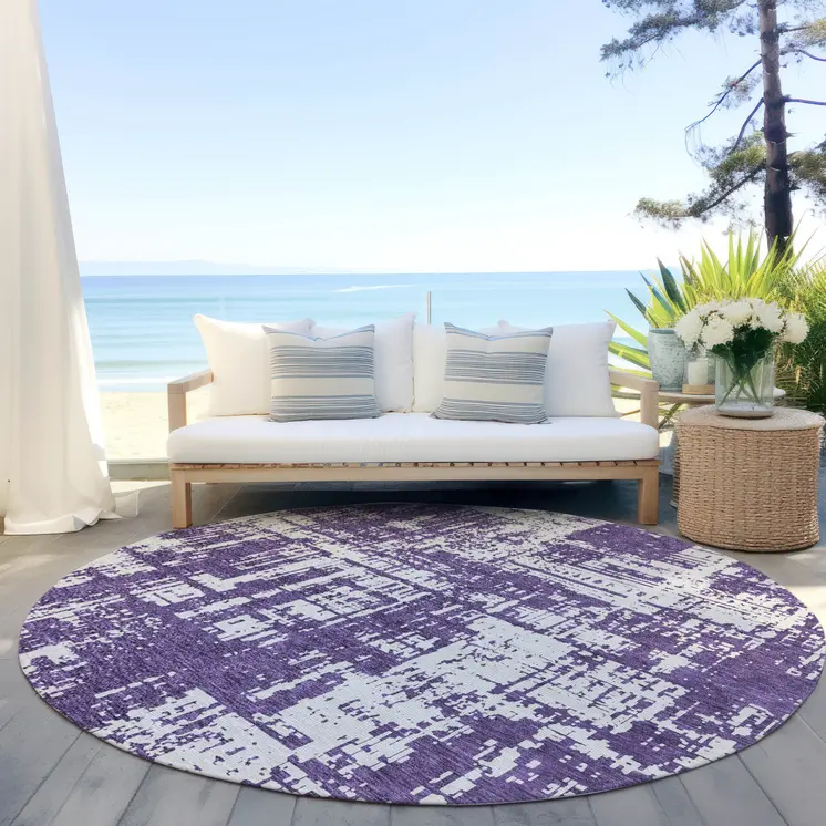 8' Purple And Ivory Round Abstract Washable Indoor Outdoor Area Rug