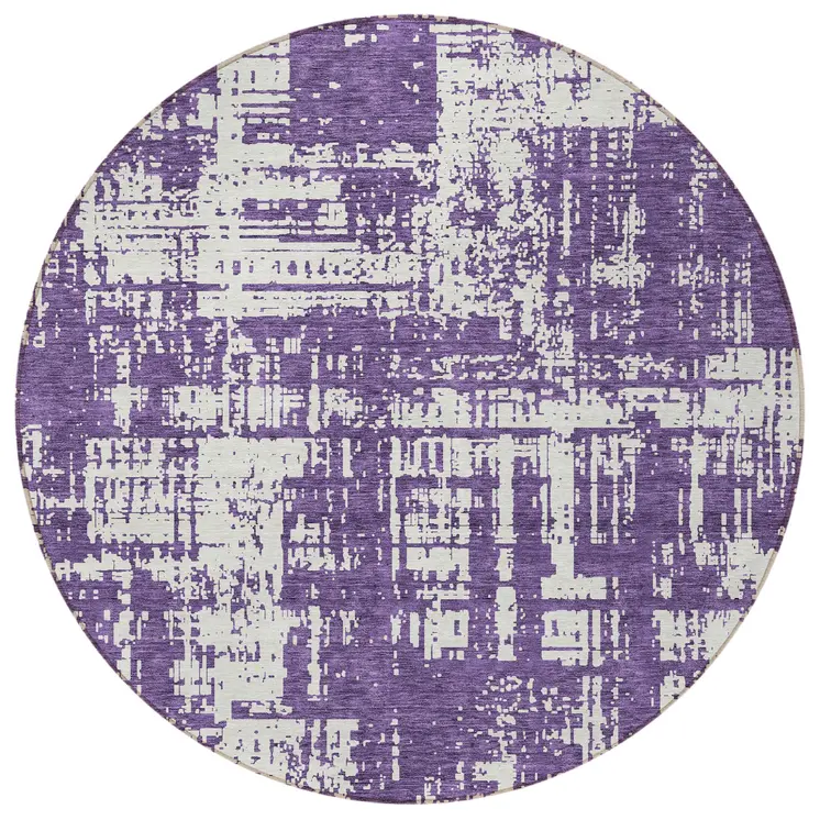 8' Purple And Ivory Round Abstract Washable Indoor Outdoor Area Rug