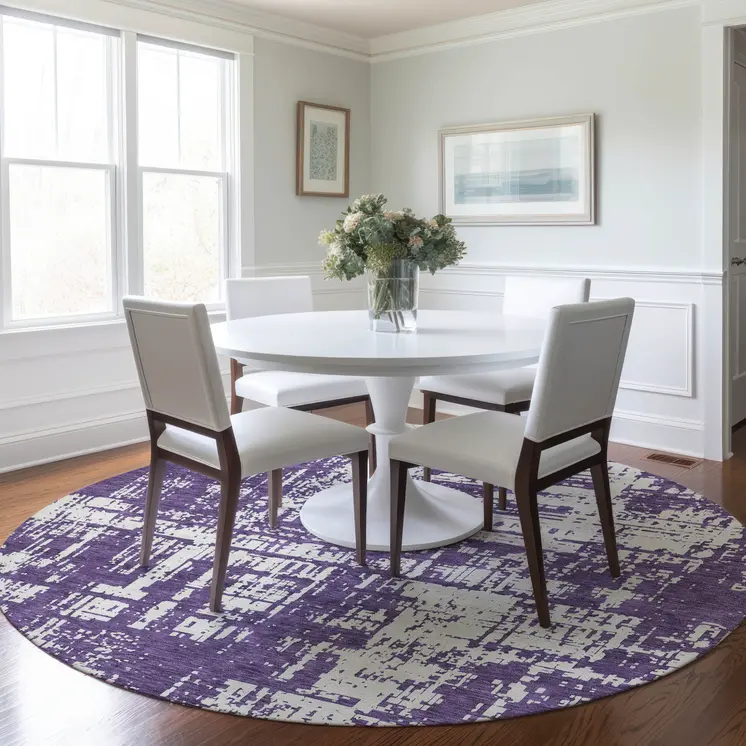 8' Purple And Ivory Round Abstract Washable Indoor Outdoor Area Rug