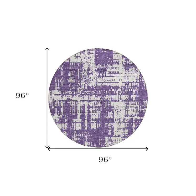 8' Purple And Ivory Round Abstract Washable Indoor Outdoor Area Rug