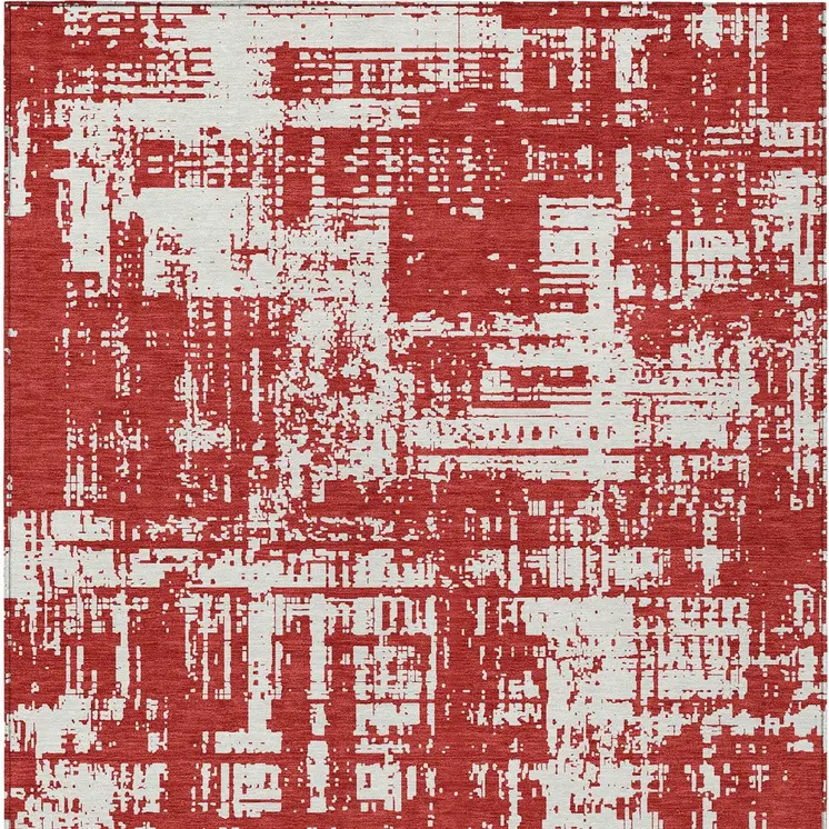 3' X 5' Red And Ivory Abstract Washable Indoor Outdoor Area Rug