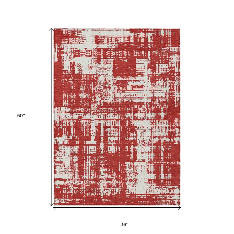 3' X 5' Red And Ivory Abstract Washable Indoor Outdoor Area Rug