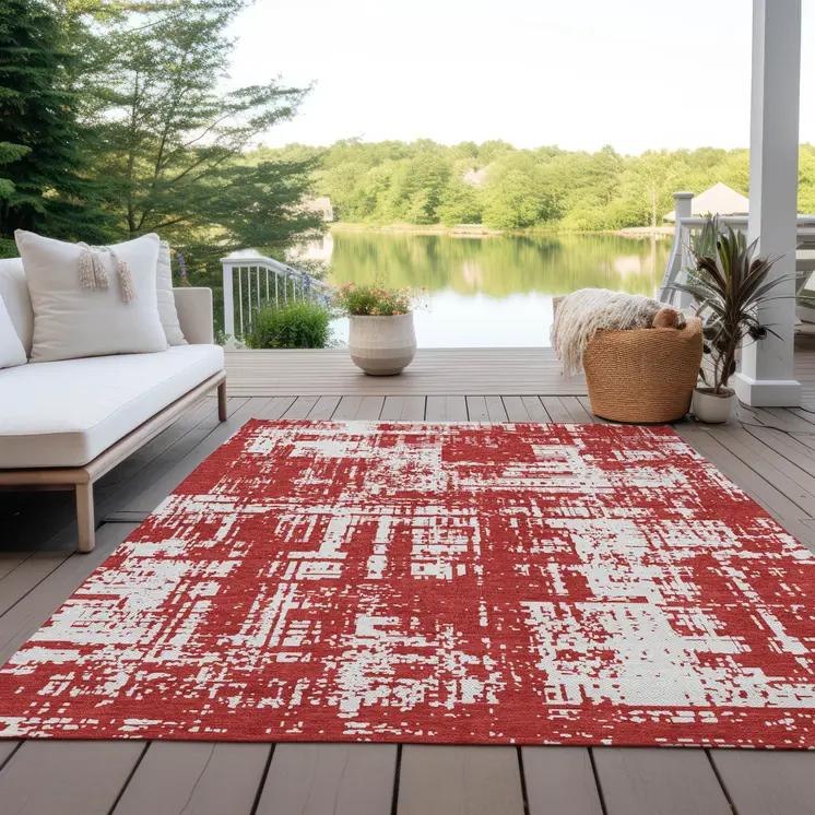 3' X 5' Red And Ivory Abstract Washable Indoor Outdoor Area Rug