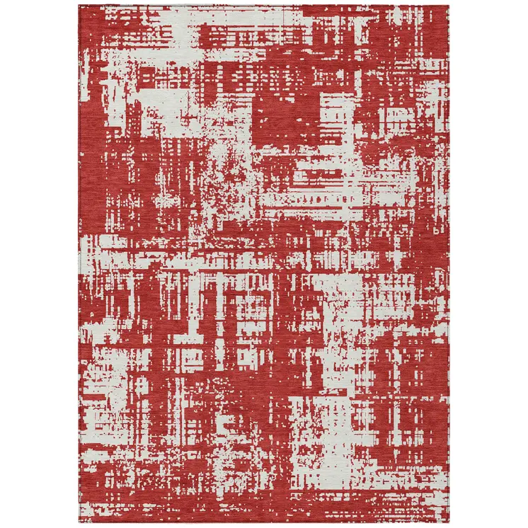 3' X 5' Red And Ivory Abstract Washable Indoor Outdoor Area Rug