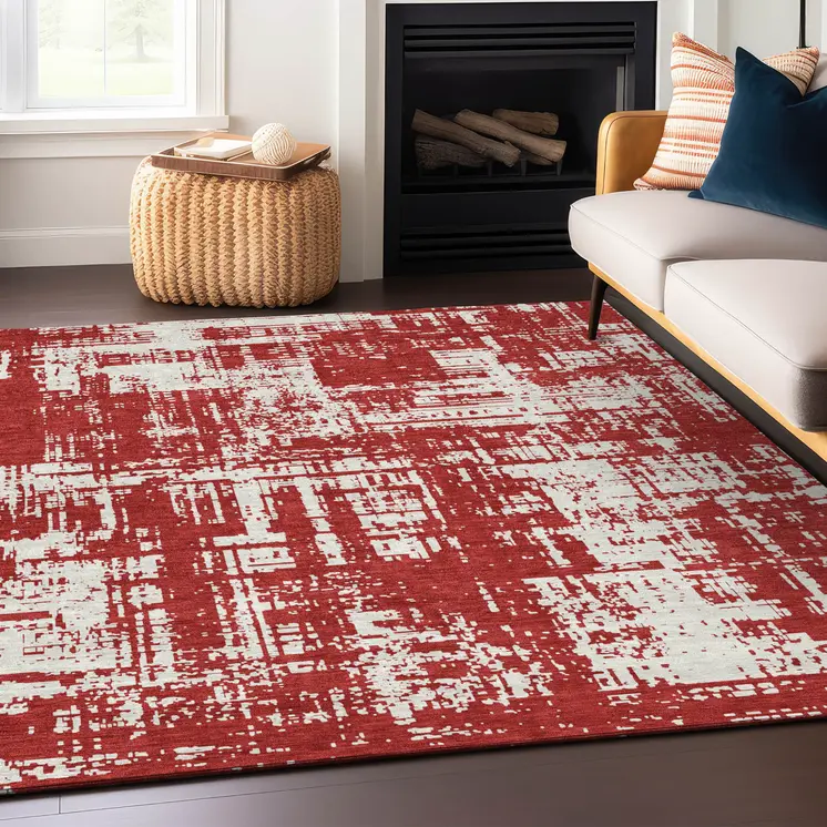 3' X 5' Red And Ivory Abstract Washable Indoor Outdoor Area Rug