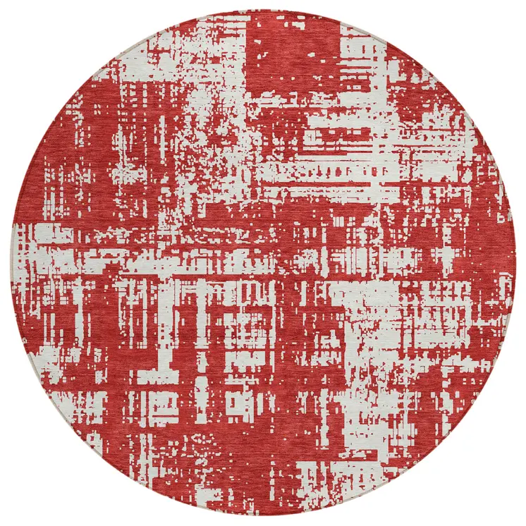 8' Red And Ivory Round Abstract Washable Indoor Outdoor Area Rug