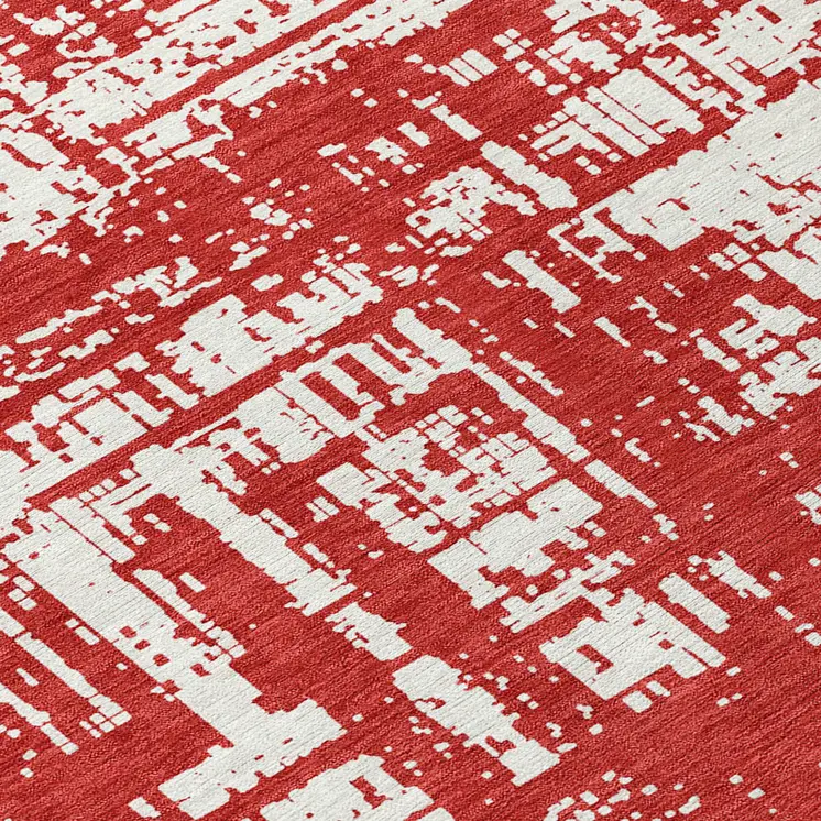8' Red And Ivory Round Abstract Washable Indoor Outdoor Area Rug