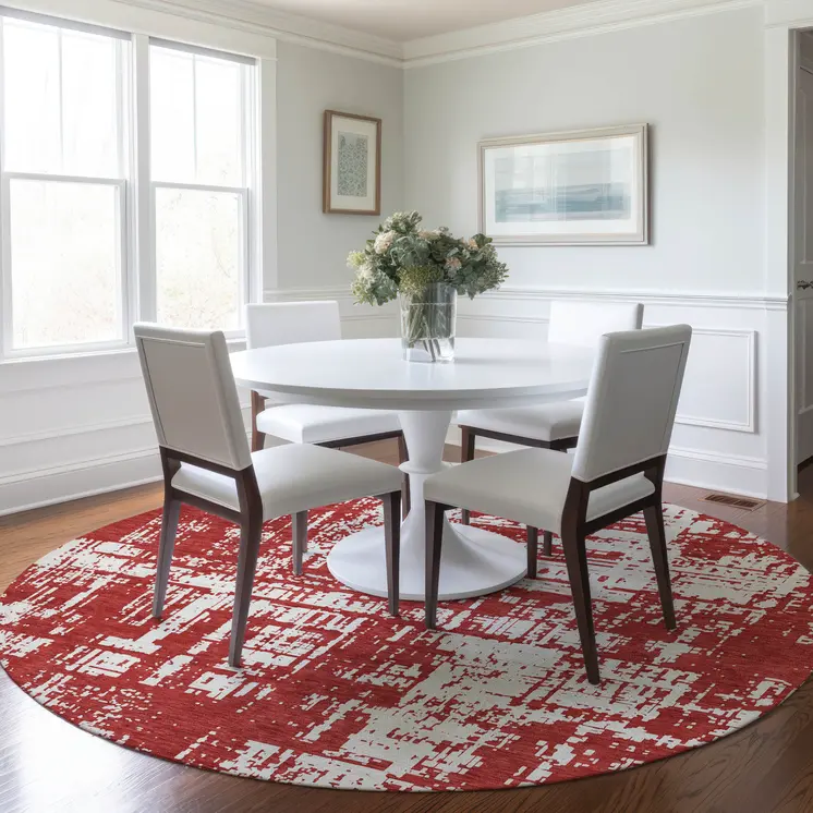 8' Red And Ivory Round Abstract Washable Indoor Outdoor Area Rug