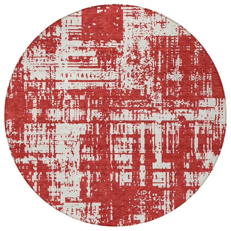 8' Red And Ivory Round Abstract Washable Indoor Outdoor Area Rug