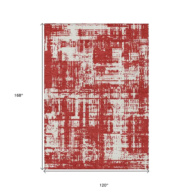 10' X 14' Red And Ivory Abstract Washable Indoor Outdoor Area Rug