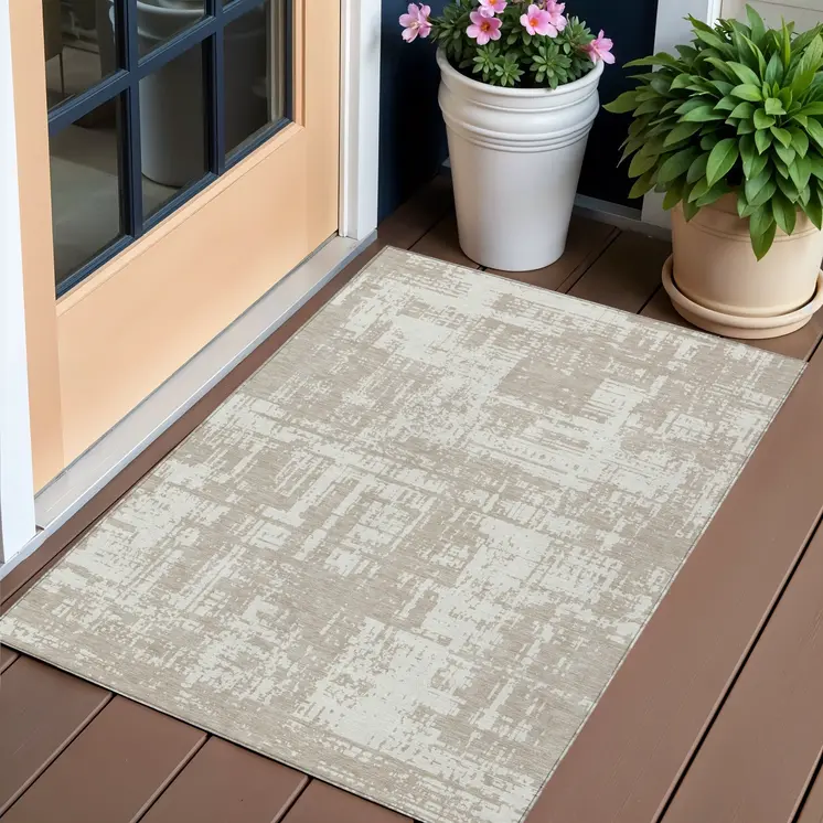 3' X 5' Taupe And Ivory Abstract Washable Indoor Outdoor Area Rug