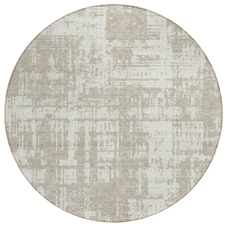8' Taupe And Ivory Round Abstract Washable Indoor Outdoor Area Rug