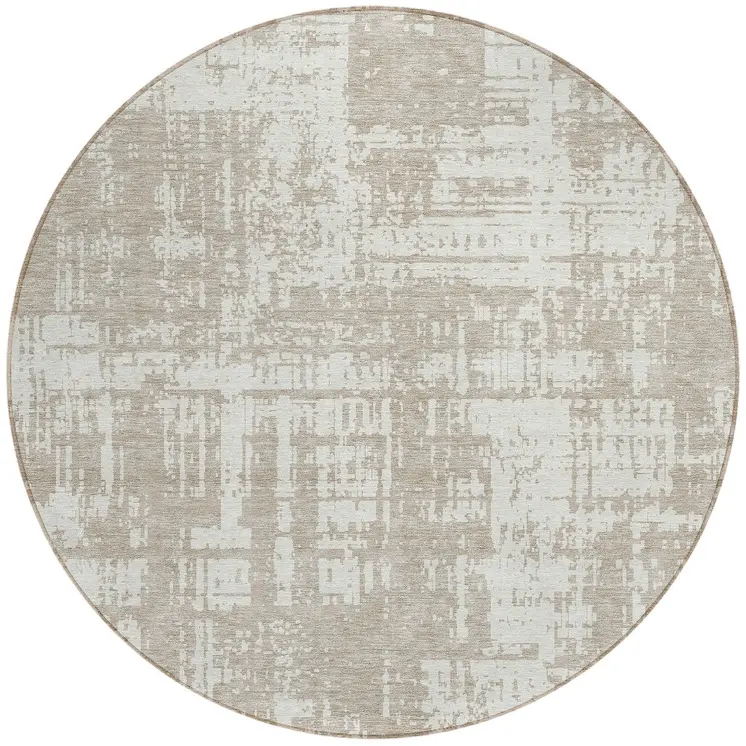 8' Taupe And Ivory Round Abstract Washable Indoor Outdoor Area Rug