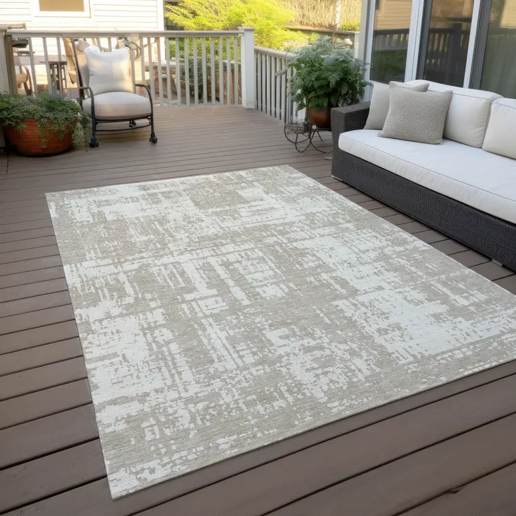 9' X 12' Taupe And Ivory Abstract Washable Indoor Outdoor Area Rug