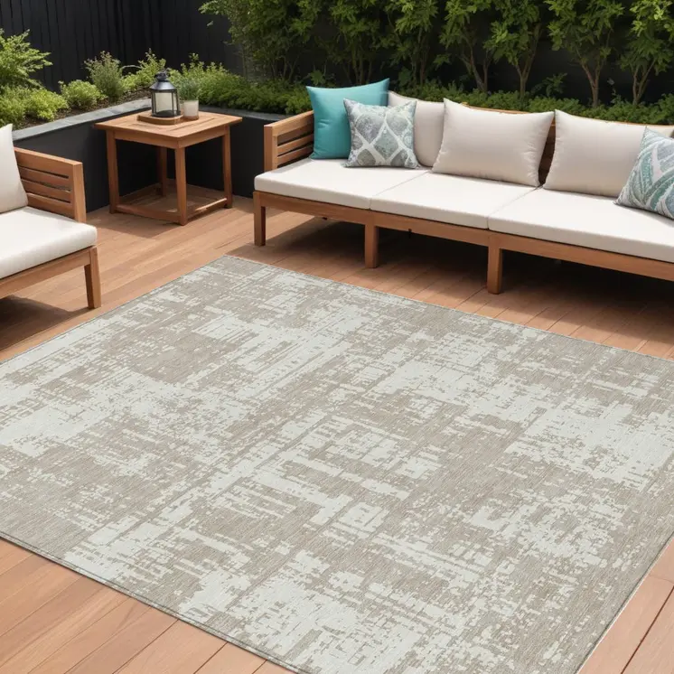 10' X 14' Taupe And Ivory Abstract Washable Indoor Outdoor Area Rug