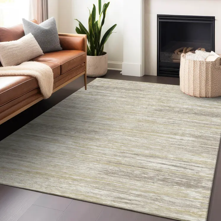 3' X 5' Beige Brown And Ivory Striped Washable Indoor Outdoor Area Rug
