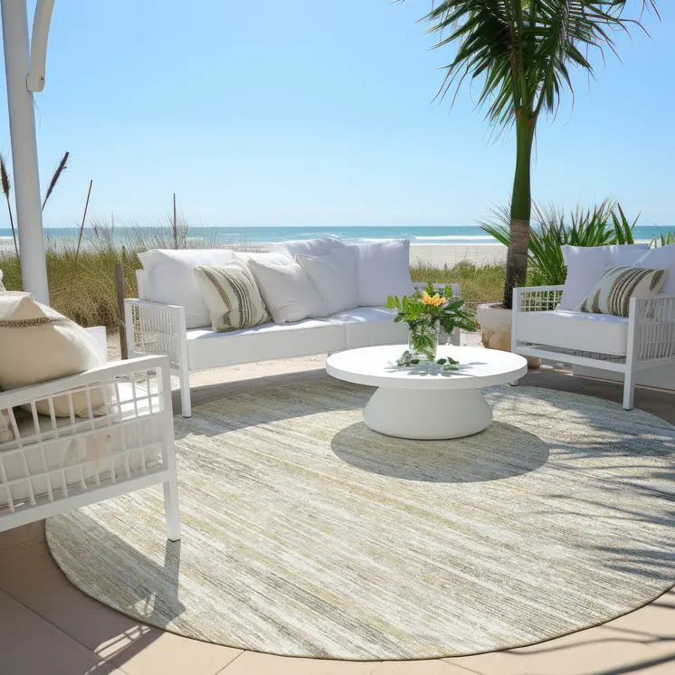8' Beige Brown And Ivory Round Striped Washable Indoor Outdoor Area Rug