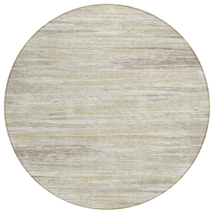 8' Beige Brown And Ivory Round Striped Washable Indoor Outdoor Area Rug