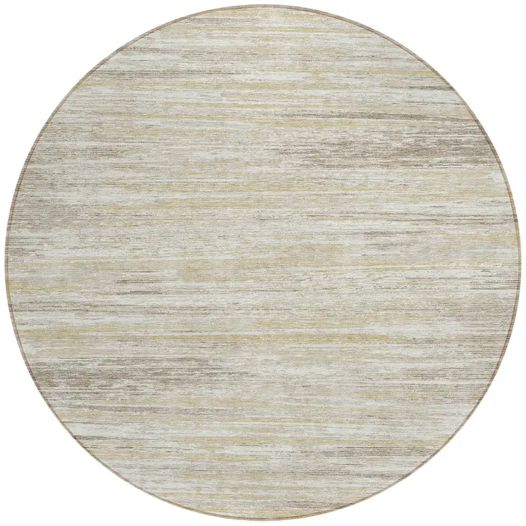 8' Beige Brown And Ivory Round Striped Washable Indoor Outdoor Area Rug