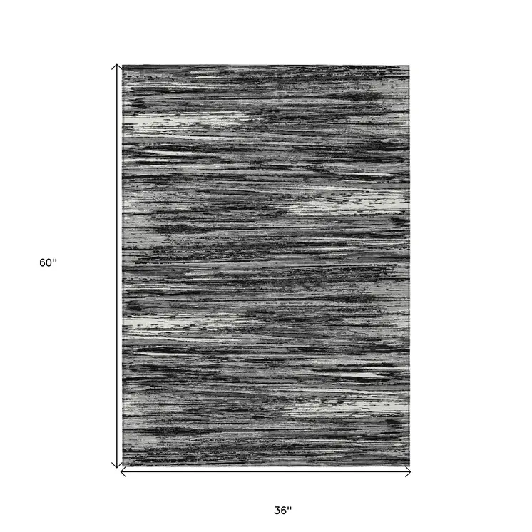 3' X 5' Black And Ivory Striped Washable Indoor Outdoor Area Rug