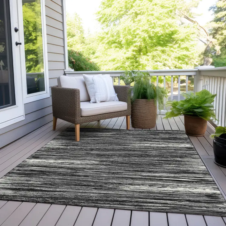 3' X 5' Black And Ivory Striped Washable Indoor Outdoor Area Rug