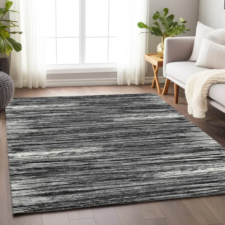 3' X 5' Black And Ivory Striped Washable Indoor Outdoor Area Rug