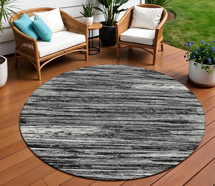 8' Black And Ivory Round Striped Washable Indoor Outdoor Area Rug