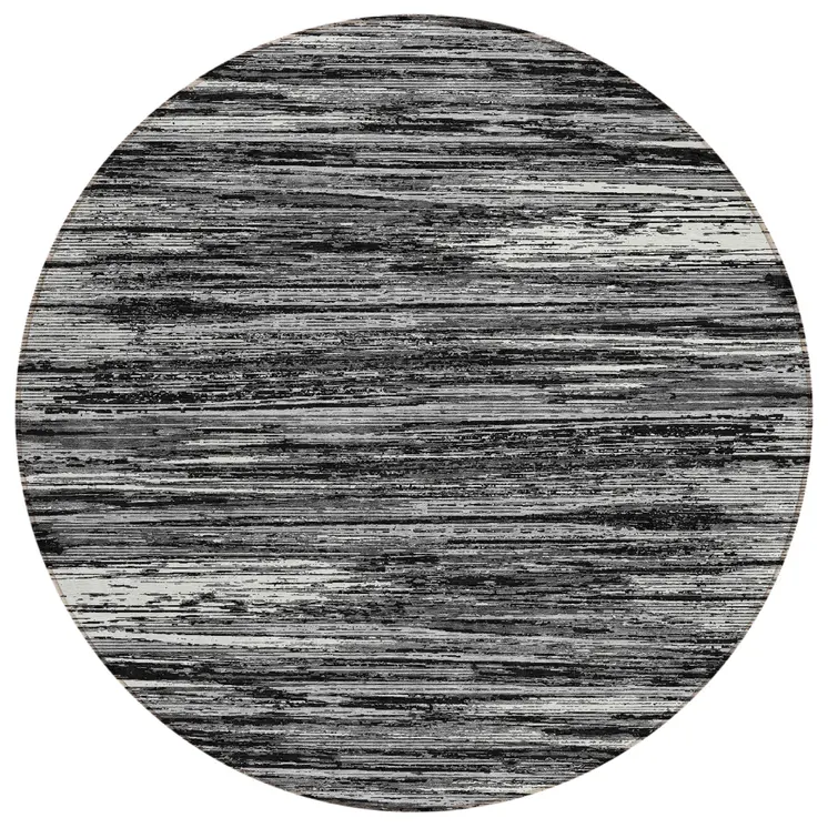 8' Black And Ivory Round Striped Washable Indoor Outdoor Area Rug