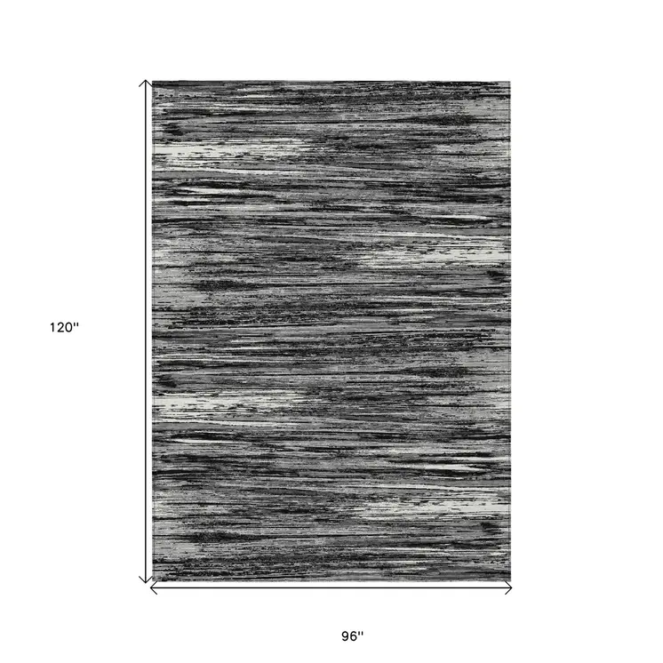 8' X 10' Black And Ivory Striped Washable Indoor Outdoor Area Rug