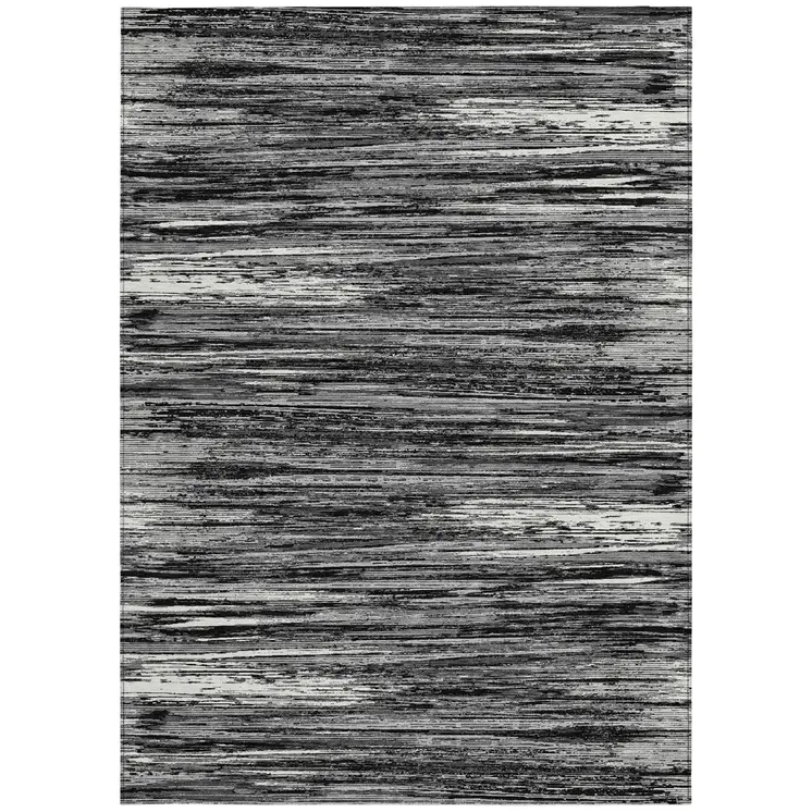 10' X 14' Black And Ivory Striped Washable Indoor Outdoor Area Rug