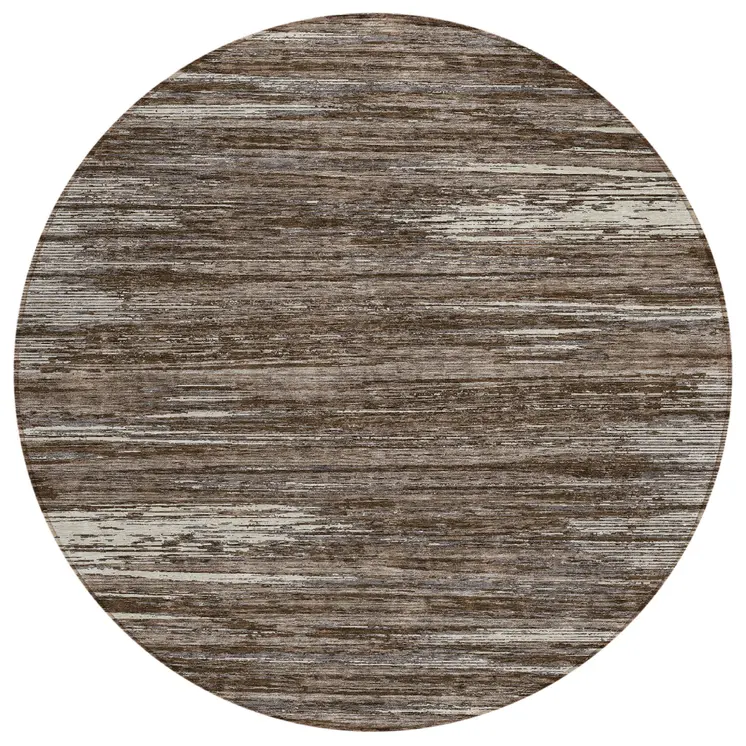 8' Brown And Ivory Round Striped Washable Indoor Outdoor Area Rug