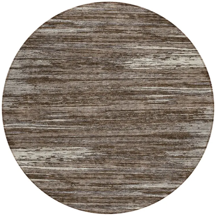 8' Brown And Ivory Round Striped Washable Indoor Outdoor Area Rug