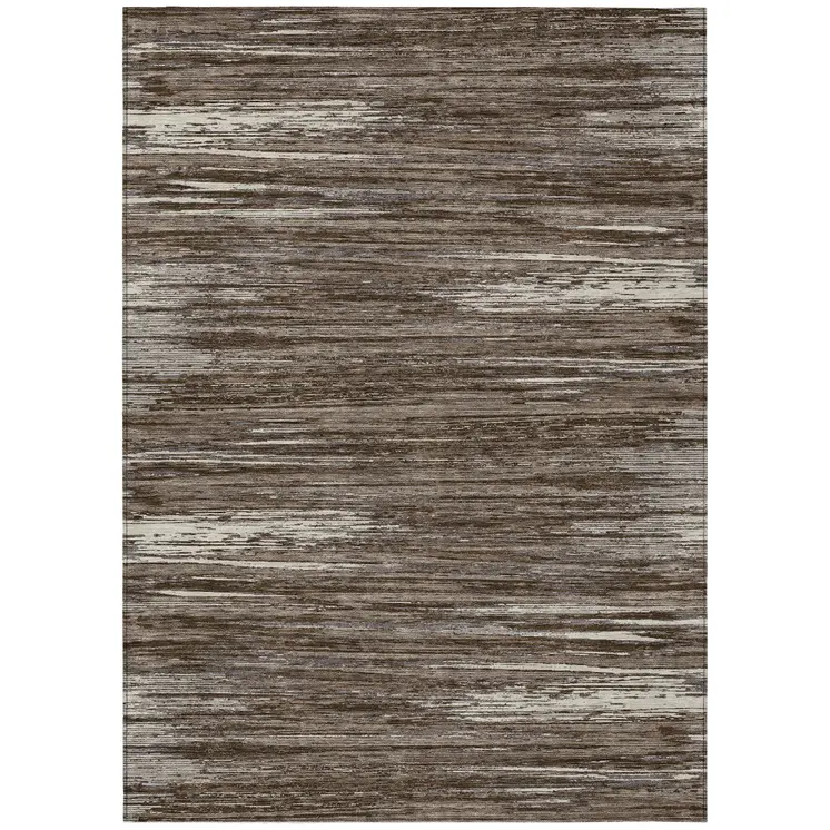 10' X 14' Brown And Ivory Striped Washable Indoor Outdoor Area Rug