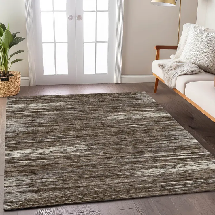 10' X 14' Brown And Ivory Striped Washable Indoor Outdoor Area Rug